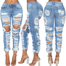 C4583 New Design Women Ripped Distressed Washed Denim Pants Boyfriend Damaged Jeans